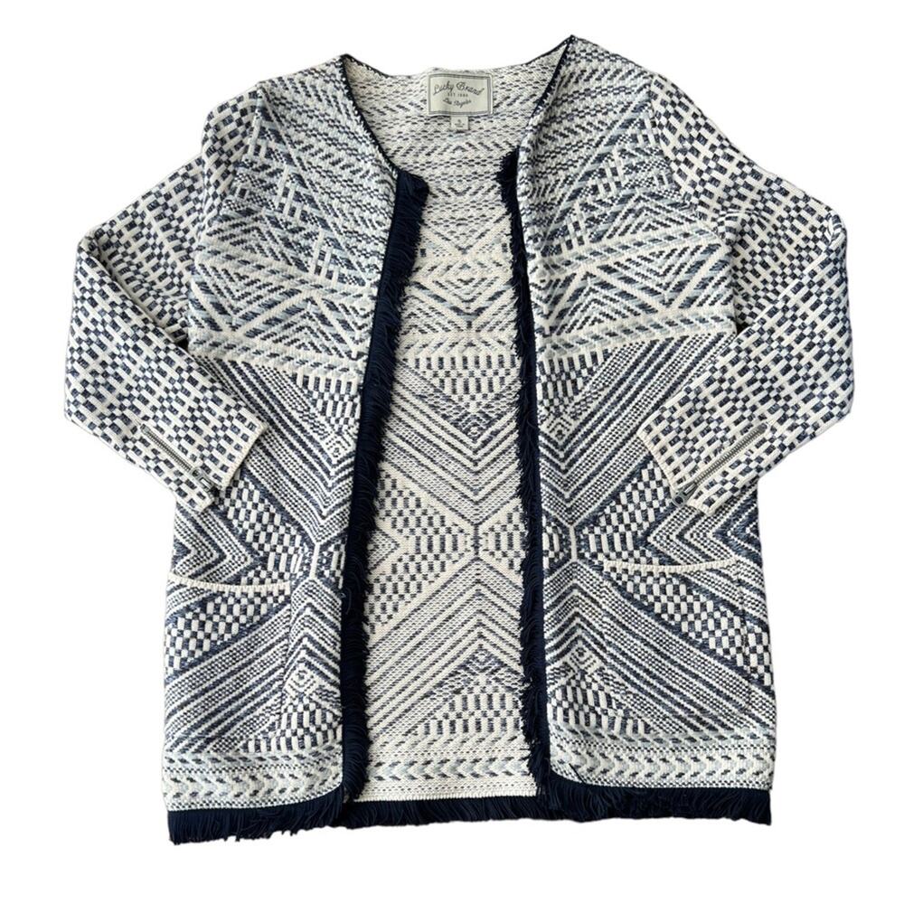 Lucky Brand Aztec Tweed Blazer Size Small Fringe Blue and Cream Knit